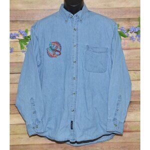 Vintage Denim Button Down Shirt Size L Embroidered Aztec Southwest Gecko Lizard